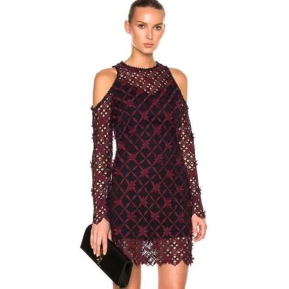 Self-Portrait Floral Grid Cold Shoulder Mini Dress Burgundy Navy Guipure Lace 6‎ - Picture 3 of 16